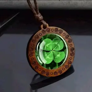 Four Leaf Clover Pendant Green Lucky Wooden Rope Chain Necklace for Men Women Perfect Gift Idea
