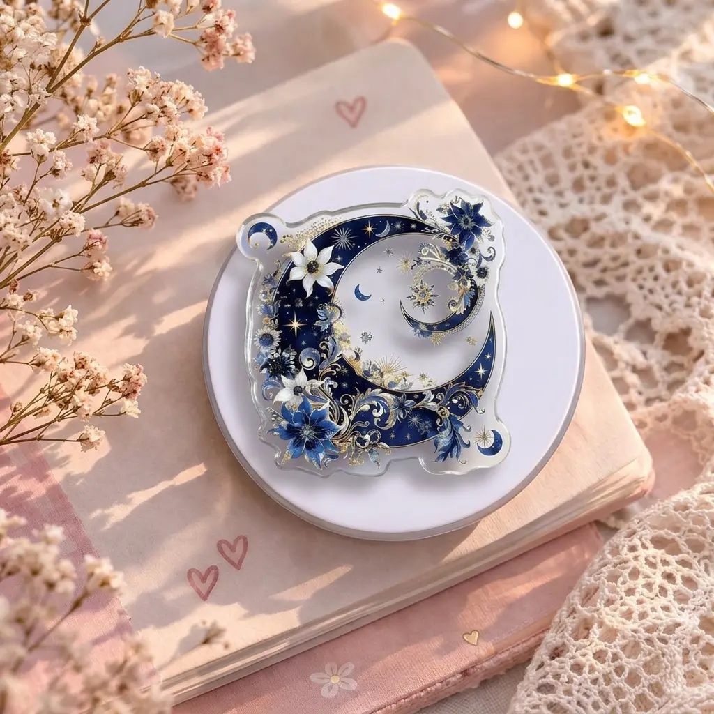"Midnight Moon" Floral Phone Grip Clear Acrylic Griptok - Aesthetic Celestial Starry Night Cell Phone Stand Holder, Magical Blue Gold Moon Kindle Ereader Ring Accessory, Elegant Gift for Booktok Lovers