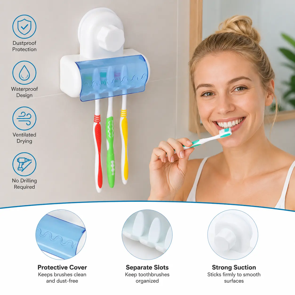 1 Count, Plastic Suction Cup Wall Mount Dust Proof Toothbrush Holder, for Bathroom Daily Toothbrush Storage Organization