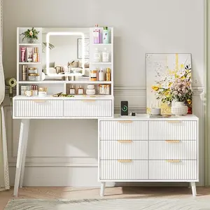 Vabches Vanity Desk with Mirror and Lights, Makeup Vanity with 8 Drawers & Shelves, Corner Vanity, L Shape Change & Storage, Dressing Table for Bedroom (White)