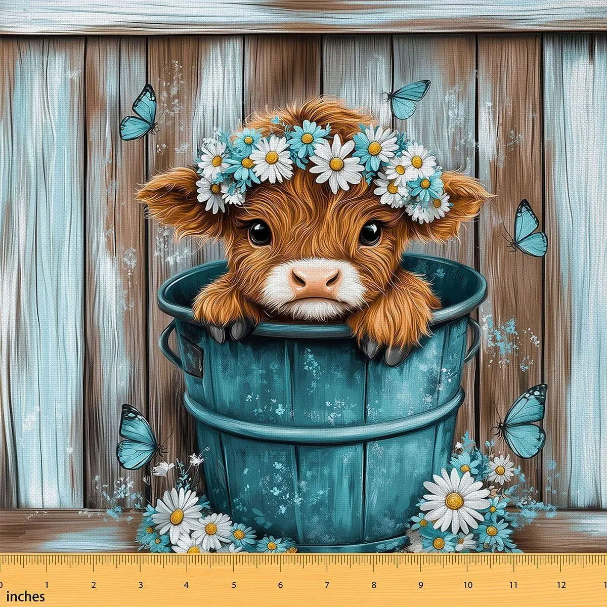 Highland Cow Fabric Daisy Floral Flowers and Butterfly Upholstery Fabric Highland Cattle Soft Flannel Indoor Decor DIY Sewing Craft Projects Wooden Farmhouse