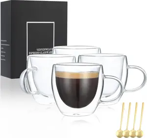 Espresso Cups Set Of 4,Double Wall 5OZ Hand Blown Espresso Shots Glass,Espresso Coffee Mugs In Gift Box Drinkware Double-Walled Espresso