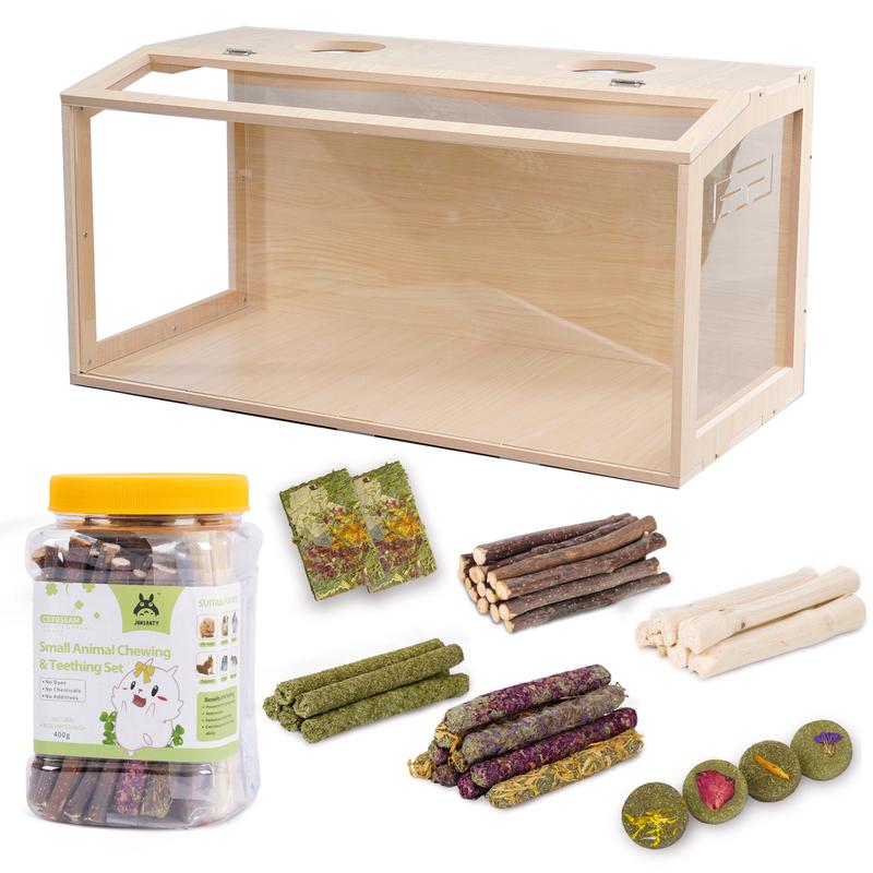 23.6 inch Wooden Hamster Cage,  Openable Top, Ventilated, Easy to Clean, 50-60 PCS Natural Rabbit Chew Toys, Treats, Timothy Sticks, Apple Sticks, Sweet Bamboo for Guinea Pig, Hamster, Chinchilla, Rat, Small Animals Bunny