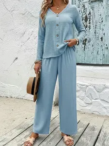 Autumn/Spring Women's Elegant Two-Piece Set In Green/ Sky Blue/ Black/ Orange-Red Long Sleeve Top + Solid Color Pants, Perfect for Outdoor Adventures