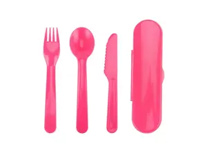 Portable Utensil Set with Storage Box – 3-Piece Plastic Flatware in Pink Cutlery Stylish