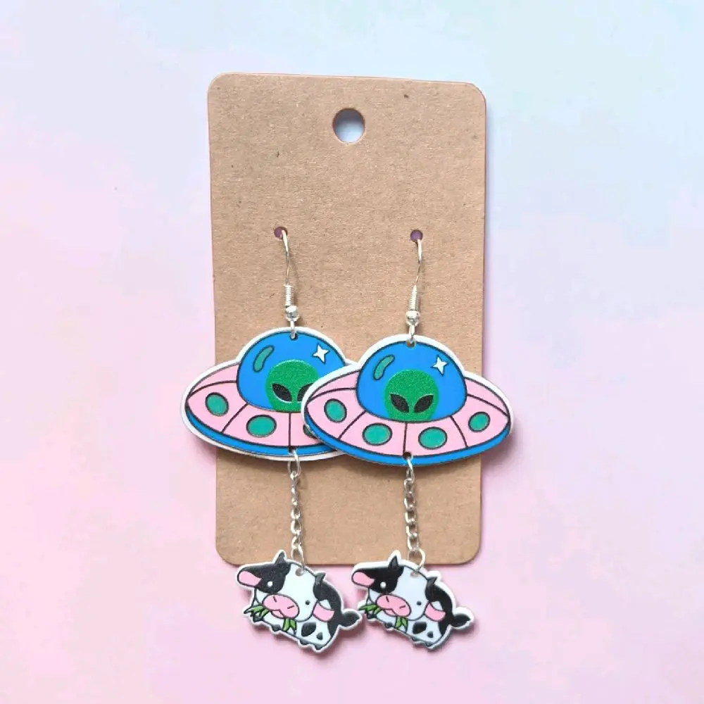 Out of This World! UFO Alien & Abducted Cow Dangle Earrings