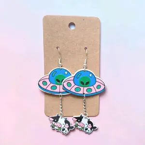 Out of This World! UFO Alien & Abducted Cow Dangle Earrings