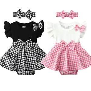 Ready Stock 1-18M Baby Girls Houndstooth Pattern Splice Bow Sleeveless Romper Dress With Headband 2Pcs Clothes Black 22503062