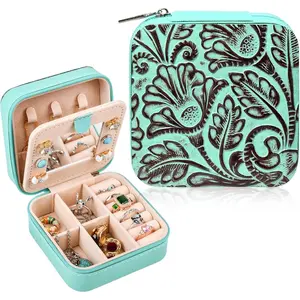 Western  Box Case Real Leather Turquoise and Brown Embossed Tooled Travel  Organizer Gifts Christmas Gifts for Women Country Girls Cowgirl Stuff Portable Travel Accessories -Green