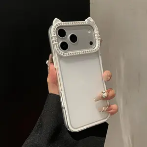 High Quality Feel Transparent Matte Camera Lens iPhone 17 Pro Max Case with Rhinestone Trim for Apple 16 Pro & 15 Pro Models