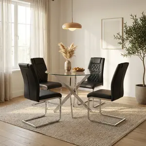 ARCH Round Glass Dining Table Set for 4, 35.5" Glass Dining Table with Silver Legs, Modern Kitchen Table for Home Kitchen(silver table and black chairs)