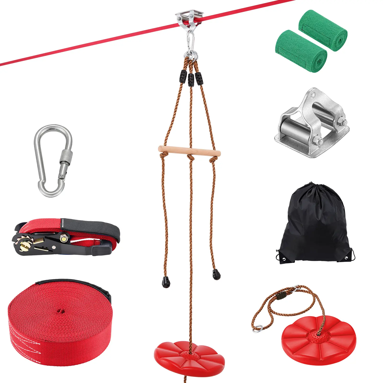 Zipline Kit for Kids and Adult, 65 ft Zip Line Kits Up to 500 lb, Backyard Outdoor play equipment Quick Setup Zipline, Playground Entertainment with Zipline, Nylon Safety Harness, Seat, and Handlebar