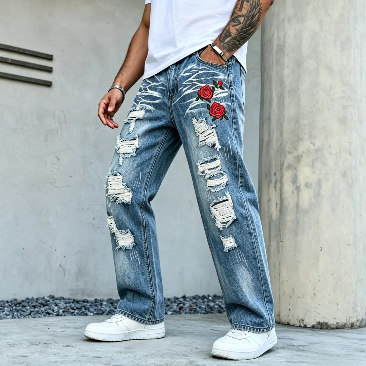 Men's Vintage Ripped Poly-Cotton Jeans - Floral Rose Embroidery, Street Style, Straight Wide-Leg Long Pants, All Season Menswear Fashion Bottoms, Ripped Jeans, Stylish