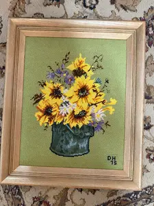 Vintage Needlepoint folk art sunflower still life signed and numbered framed art 21.5x18" CSSB