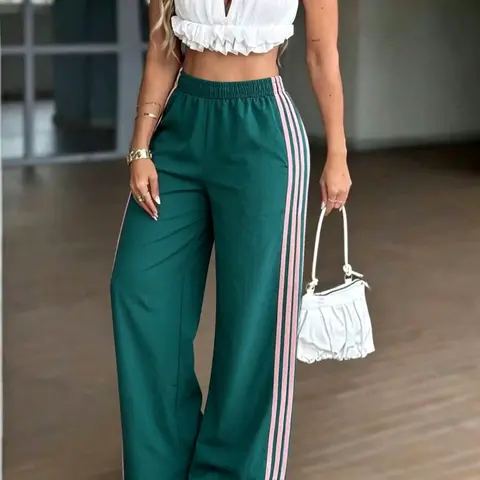 Women's Fashion Side Striped Wide Leg Long Pants Bottom, Casual Palazzo Pants Loose-Fitting Elastic Waist, All Seasons Summer Versatile Trousers