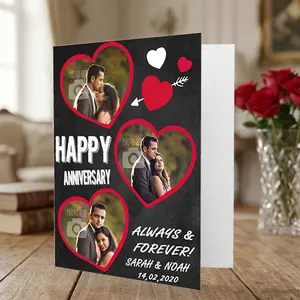 Custom Anniversary Photo Card – 3 Photo Heart Collage, Name & Date Personalized – Romantic Gift for Couples