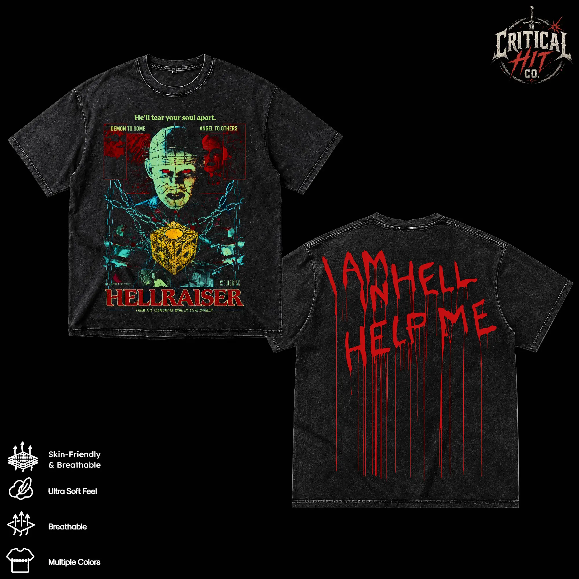 Hellraiser Pinhead Vintage Washed T Shirt, Pinhead Cenobite Horror Movie Merch, Clive Barker Hellraiser Lament Configuration Graphic Tee, 80s Cult Classic Horror Streetwear, Gothic Dark Fantasy Shirt, Retro Oversized Heavy Cotton Unisex Tee