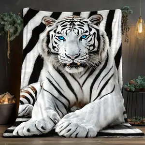 White Tiger with Black Stripes Flannel Blanket - Soft and Warm All-Season Luxury Throw, 280GSM , Suitable for Bed, Sofa, Camping - Lightweight Tiger Print Bedspread, Black and White Stripes, Machine Washable - Ideal for Home, Office, Travel - Fashionable