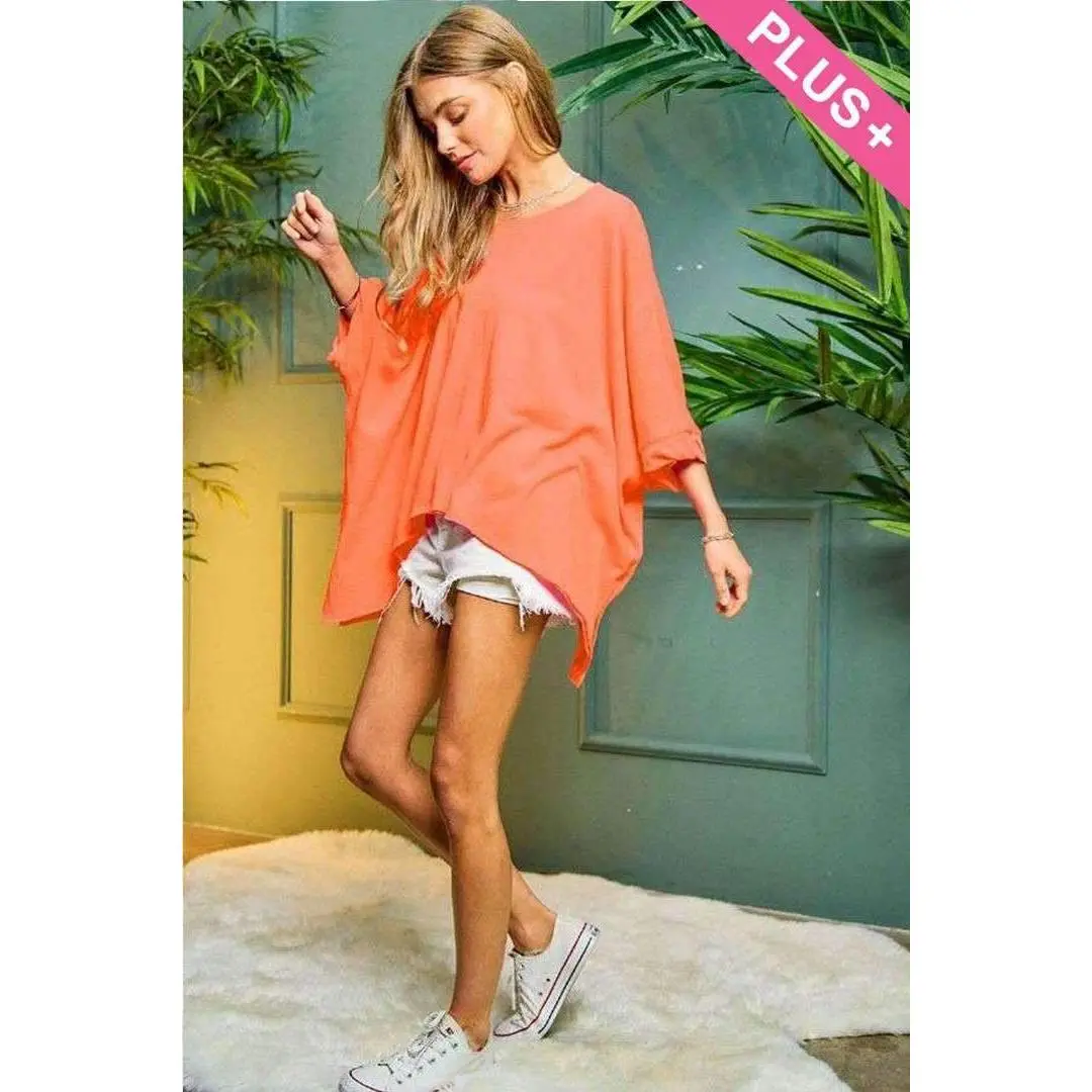 PLUS SOLID ROUND NECK LOOSE FIT KIMONO SLEEVE TOP