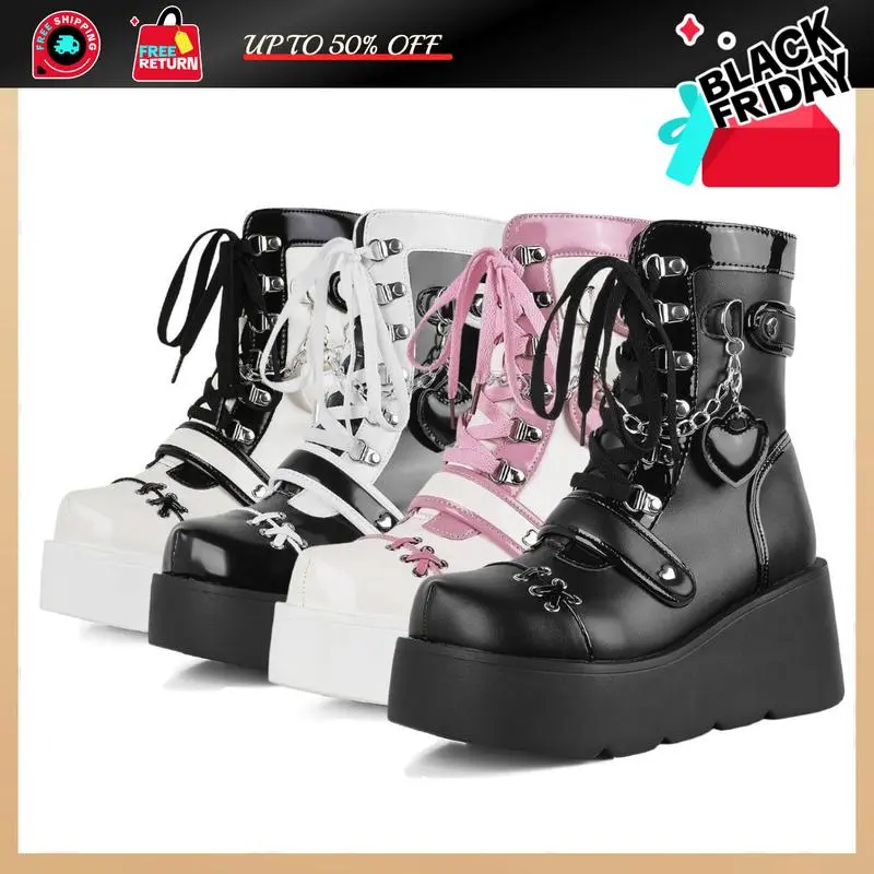 Women Goth Rave Boots Kawaii Shoes Cute Heart Lace Up Rave Wedge Heel Round Toe Combat Boots Zipper Wedges Mid Calf Booties with Outdoor DressGift