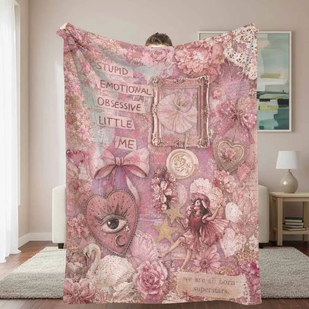 Whimsical Pink Coquette Flannel Throw Blanket - Fairy Floral, Bow, Heart, Swan Collage Print, Soft, Cozy, Lightweight, Warm - for Bedroom, Sofa - Valentine's Gift for Obsessive Emotional Individuals