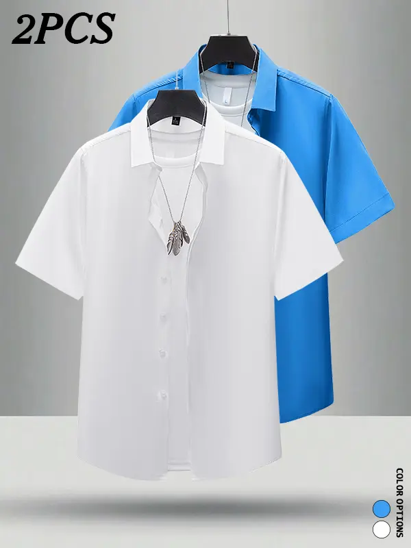 2-pack short-sleeve shirts with a double-breasted front; smooth fabric for comfortable wear, versatile and flattering—an essential everyday top for young men in summer.