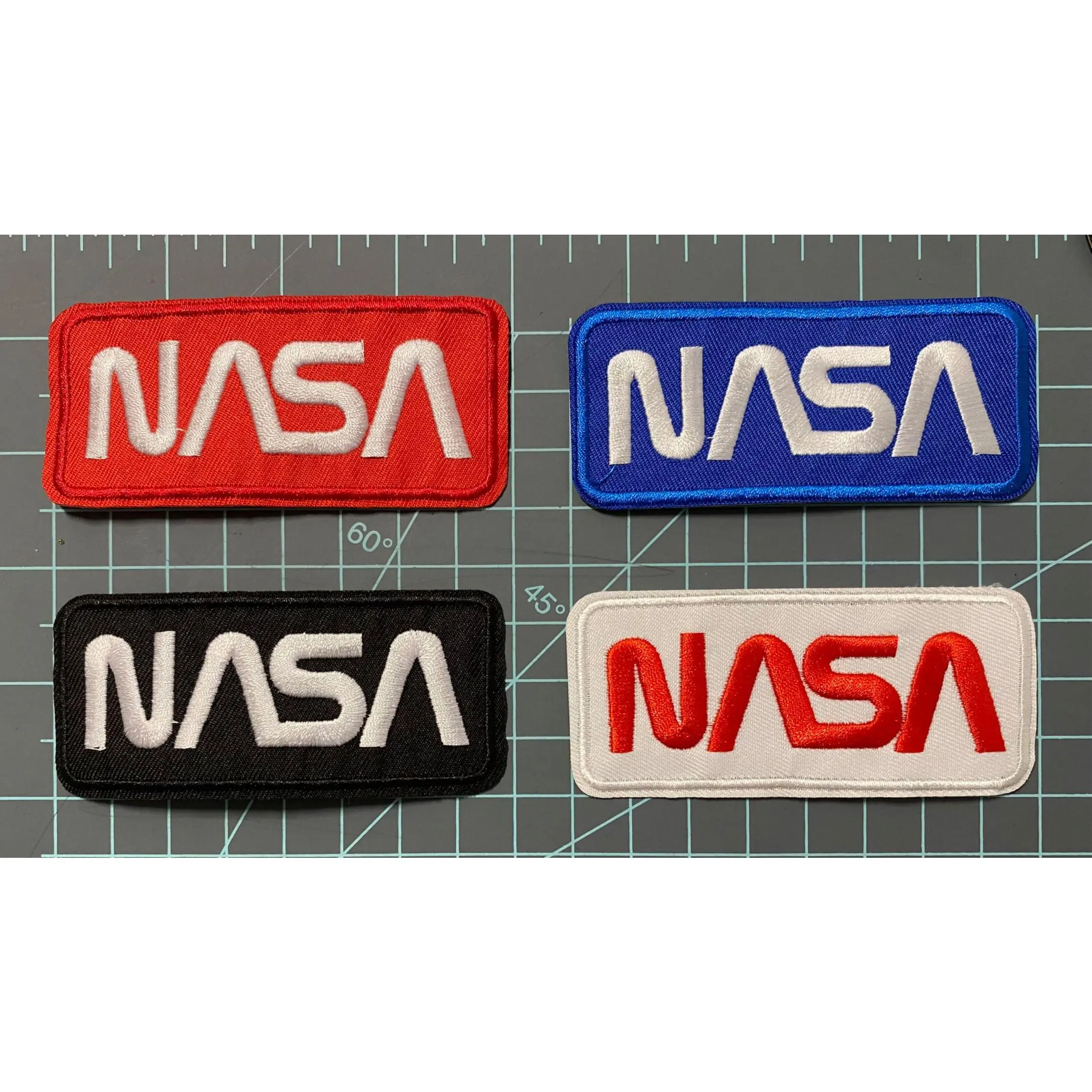 NASA logo Iron on Patches - 4" x 1.8" - Set of 4 - Space Exploration Emblem Appliques, Astronaut Mission Insignia, Collectible Space Patches