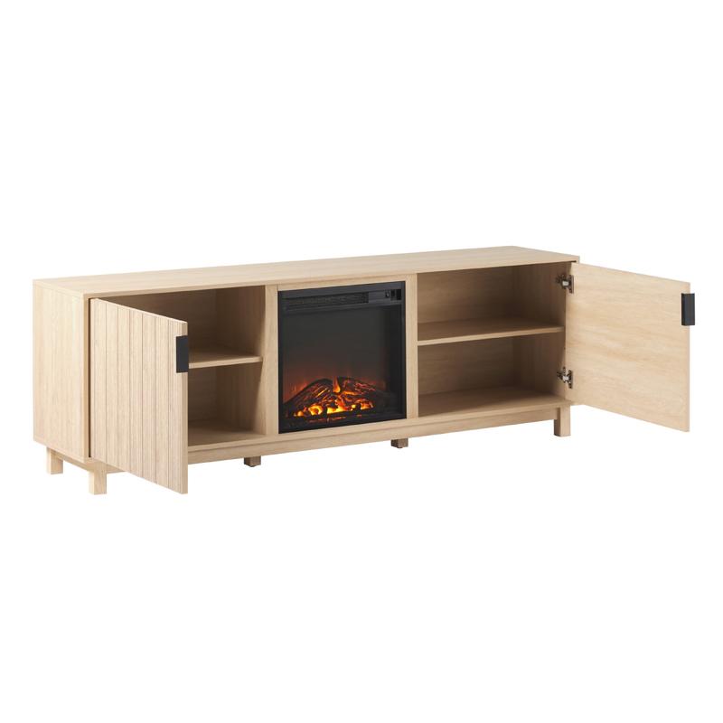 Walker Edison Arundo Coastal Oak Modern Reeded TV Stand with Freestanding Electric Fireplace Insert, Adjustable Shelves, Reeded Doors, I-Shaped Pulls, Spacious Storage (23.75x15.75x70 in) Indoor Furniture, Home Decor, Cable Management, 23.75" H X 15.75" W