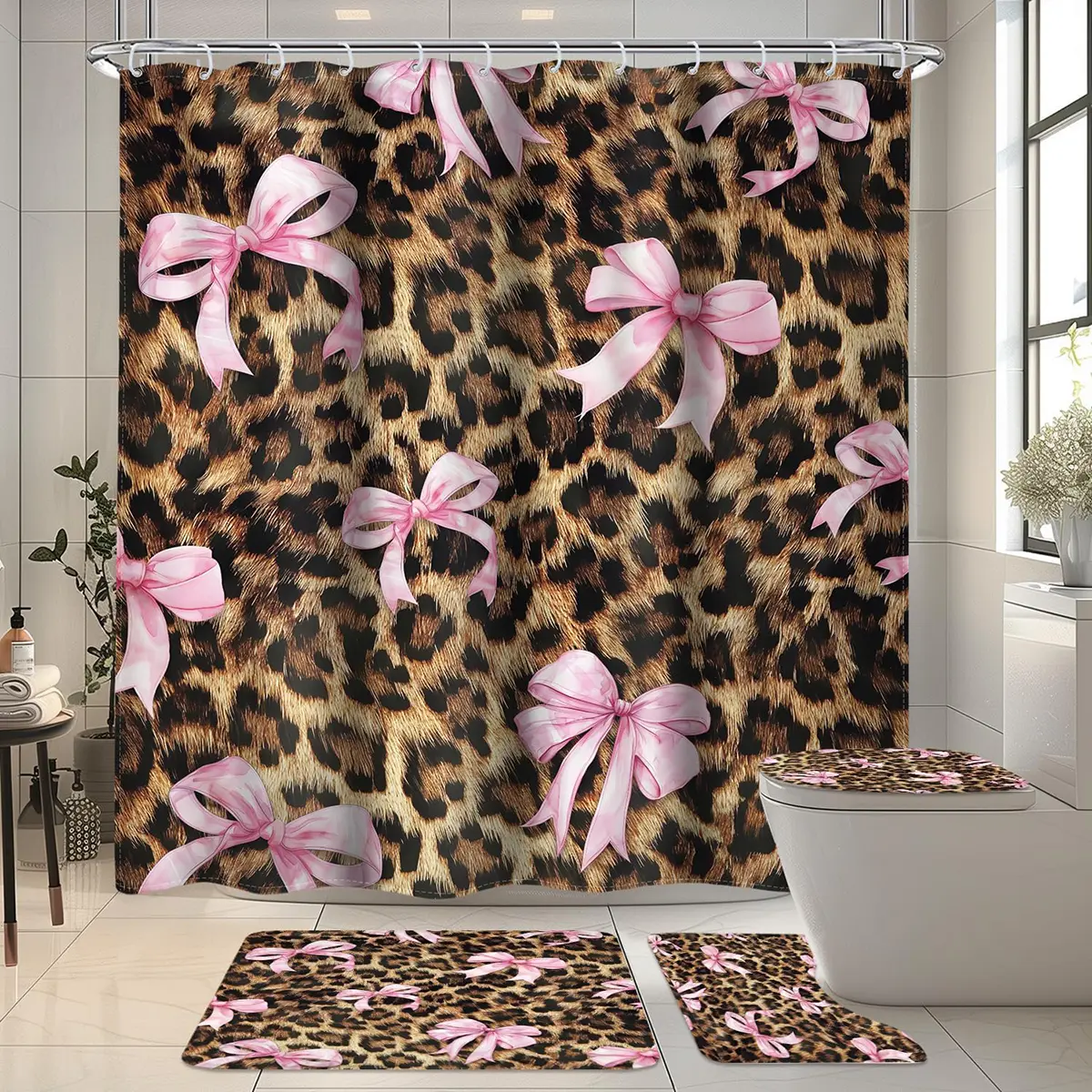 Multi-Color Animal Design Bathroom Decor 1 Set (1/4 Pcs) - Polyester Leopard Print Shower Curtains with 12 Hooks, Non-Slip Floor Mat, U-Shaped Carpet, Toilet Lid Cover, Pink Bows, Adds Visual Appeal, Enhances Safety