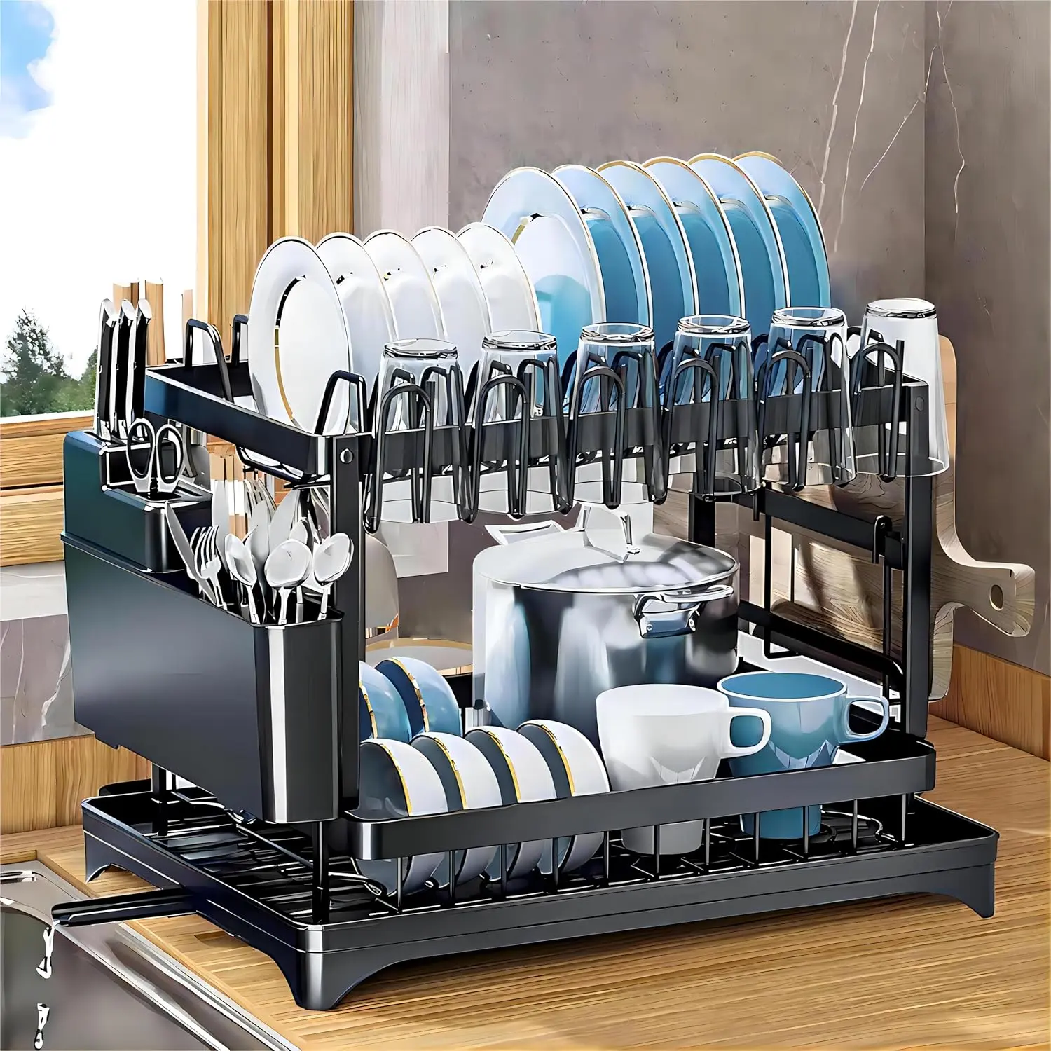 2-Layer Heavy Duty 304 Stainless Steel Rectangle Dish Drying Organiser - All-in-1 Set with Corrosion Resistant Draining Board, Drain System, 5 Hooks Utensils Hanging Kit, Installation Parts, Black Metal Kitchen Accessory for Tableware, 304 Stainless Steel