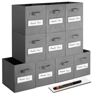 Set of 10 Storage Cubes, Foldable Fabric Cube Storage Bins with 10 Labels Window Cards & a Pen, Collapsible Cloth Baskets Containers for Shelves, Closet Organizers Box for Home & Office,Gray