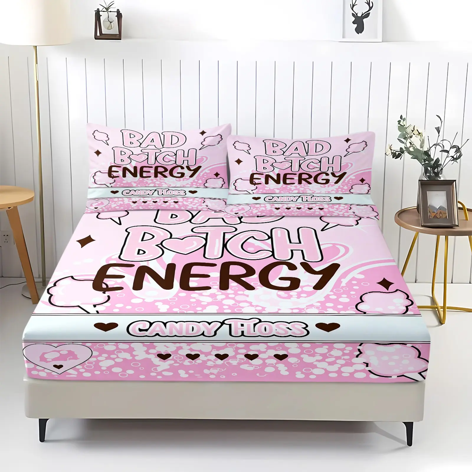 3Pcs Pink GRL PWR Print Fitted Sheet Set, Y2K Aesthetic Bed Sheets Set with Pillowcases, No Fillers Bedding Set, Deep Pocket Sheet for Bedroom Dorm, Cute Confident Queen Themed Bedding for Teen Girls Women, Bedsheet Set