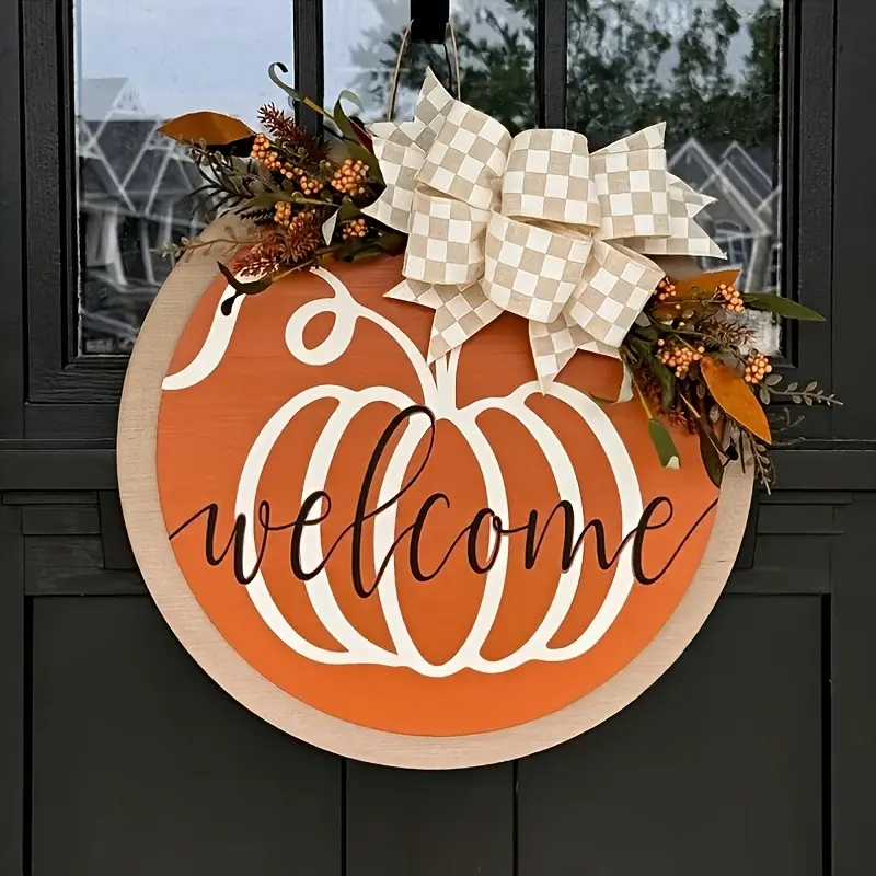 Round Rustic Farmhouse Wooden Welcome Door Hanger | Decor with Pumpkin Bow Accent | Fall Wall Hanging Ornament | Front Porch Entryway Decor | Seasonal Housewarming Gift