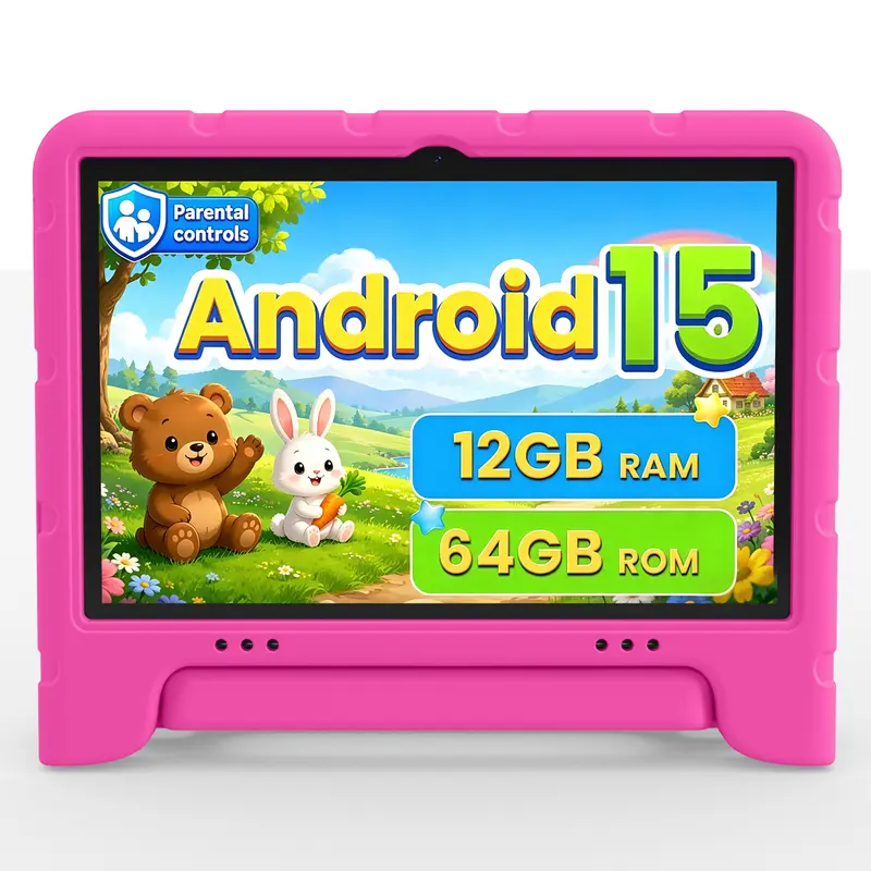 JUNINKE Kids 10.1 in Android 15 Wireless Touch Screen Tablet with Protective Case, Dual Camera, 2.4G WiFi, Parental Control, Built-in Li-ion Battery, LCD Screen, USB-C Port, Toddlers Educational Electronic Gift Device