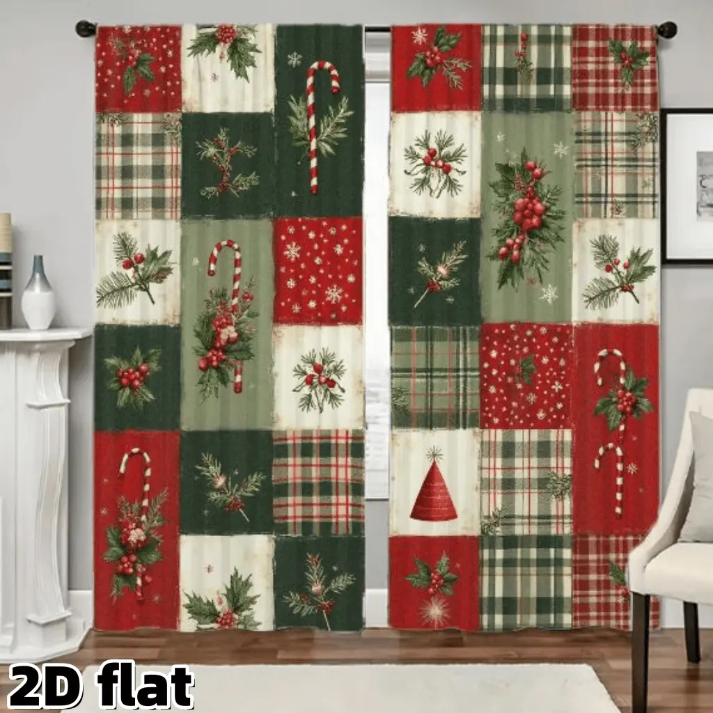 2D Flat 2Pcs Christmas Patchwork Curtains Holly Berry Candy Cane Print Rod Pocket Curtain Plaid Pattern Holiday Theme Semi Sunshade Polyester Drapes for Living Room Bedroom Kitchen Window Treatment Decor