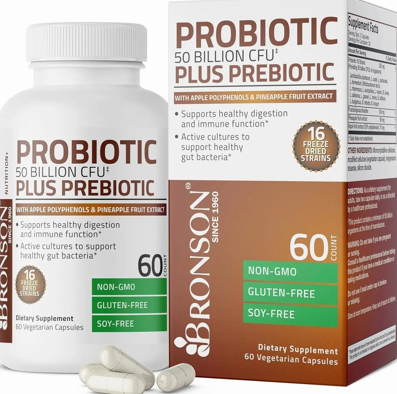 Bronson Probiotic 50 Billion CFU + Prebiotic with Apple Polyphenols & Pineapple Fruit Extract for Women & Men Non-GMO, 60 Vegetarian Capsules