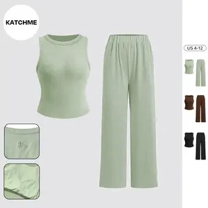 KatchMe Women's Minimalist Solid Color Shelf-Bra Tank Top & Wide Leg Trousers Co-ord, Summer Comfort Co-ord Set for Lady, Basic Two Piece Outfits