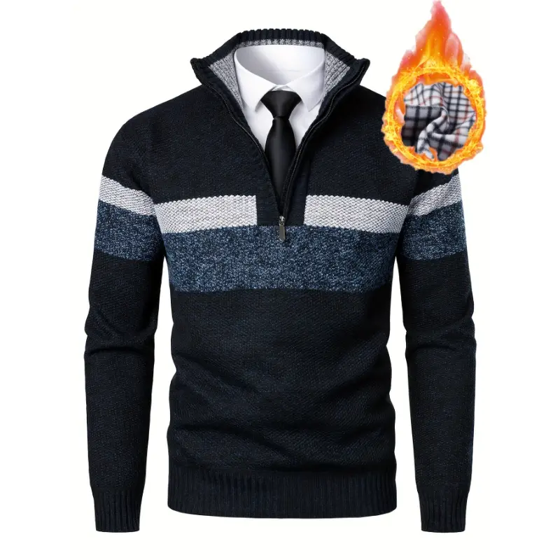 Loldeal Men'S Color Block Stand Collar Plus Velvet Thickened Knitted Pullover Sweater, Polyester Long Sleeve Regular Fit Casual Style for Fall/Winter