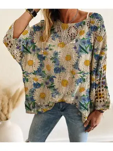 Spring/Summer Boat Neck Diamond Cutout Batwing Drop Shoulder Loose Color-Block Floral Print Long Sleeve Women's Knit Top, Vacation Style, Casual Elegant Commute, Ladies Tank Top Cover-Up, Bikini Cover-Up, Boho Cottagecore Blouse, Womenswear