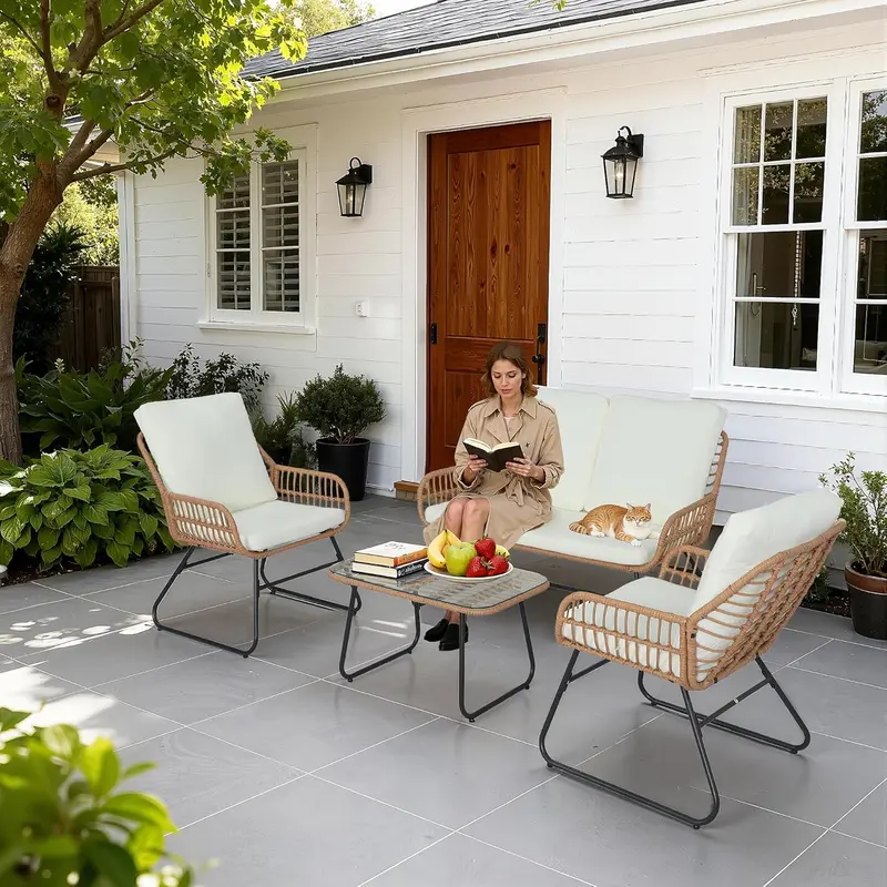 EortheX 4 Pieces Patio Outdoor Cushion Furniture Set,Patio Conversation Set,Rattan Wicker Bistro Sets with Loveseat Cushion Chairs and Modern Glass Coffee Table for Backyard Deck Balcony and Garden Lounge Spaces - Beige
