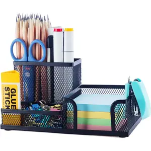 Mesh Pen Holder Desk Organizers Pencil Holder for Desk Black, 3 Compartments Metal Office Supply Organizer with Sticky Notes Holder for School Home Office