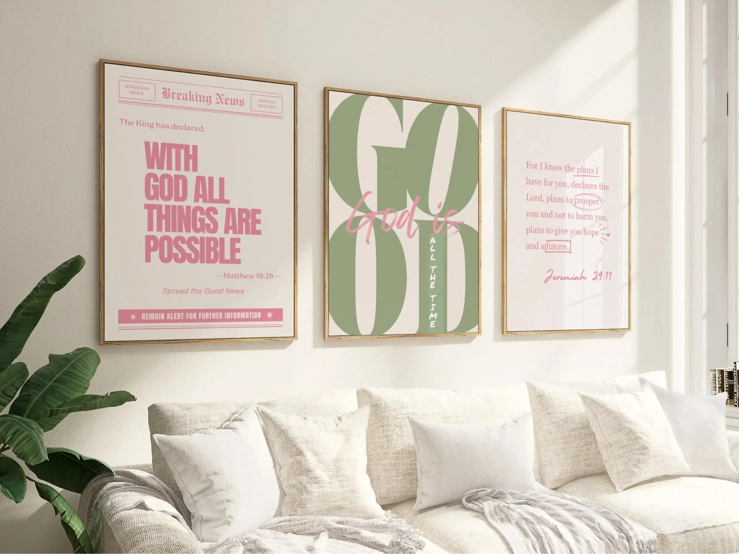 Set of 3 Pink Sage Green Girly Christian Poster Unframed  God is Good All The Time Print Jeremiah 29 11 Wall Art With God all Things Are Possible