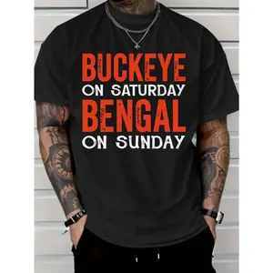 Men'S Buckeye on Saturday Bengal on Sunday Graphic T-Shirt - 180gsm Heavyweight Crew Neck Short Sleeve Tee with Bold Red & White Lettering Casual Crewneck Menswear Tshirt