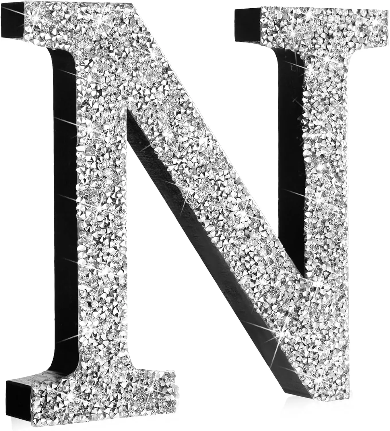 5.7" Silver Crystal Diamond Bling Letters Crushed Diamond Decoration Wooden Glitter Letter with Screw and Hooks Rhinestone Gift for Wedding Y2k Mcbling Bedroom Wall Decor (Letter N)