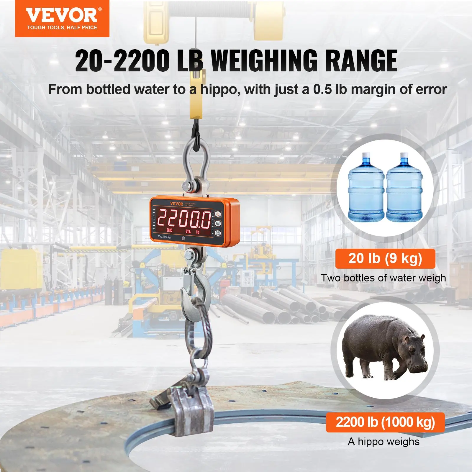 【summerfinds】VEVOR Digital Crane Scale, 2200 lbs/1000 kg, Industrial Heavy Duty Hanging Scale with Remote Control, Cast Aluminum Case & LED Screen, High Precision for Construction, Factory, Farm, Hunting (Orange), Batteryless Industrial Scales