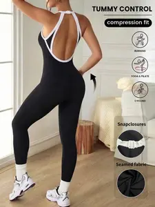 Women's Colorblock Backless Sleeveless Spring Summer Knit Yoga Jumpsuit, Casual Fashion Sportswear for Daily Wear, Workout Jumpsuit