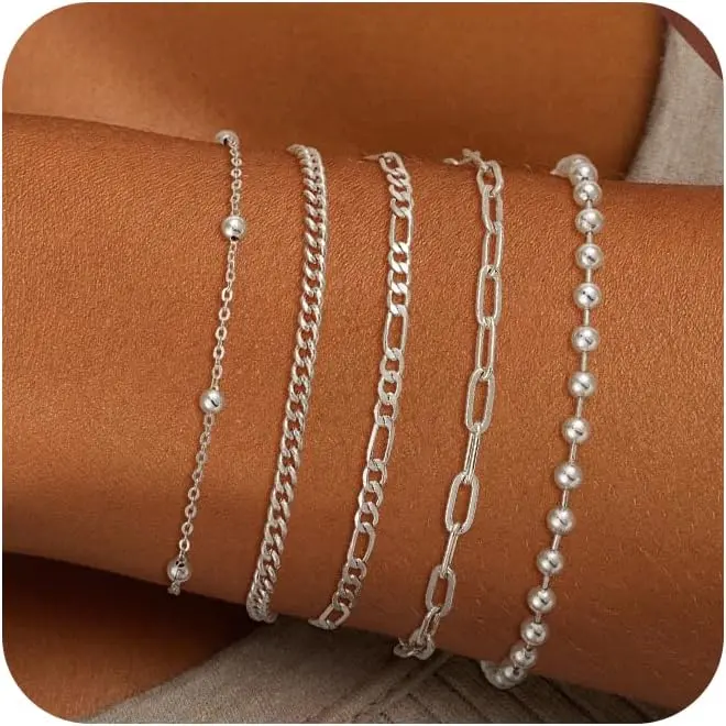 Women's 14K Gold/Silver Plated Dainty Look Stackable Paperclip Link Chain Bracelets - Waterproof, Nickel-Free, Party Ready Female Costume Jewelry for Anniversary, Birthday Gifts
