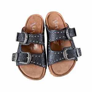 Heidi Western Sandals for Women's - Black with Buckle Design and Studded Detailing