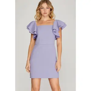 Lilac Double Ruffle Sleeve Textured Mini Dress – Square Neck Fit & Flare