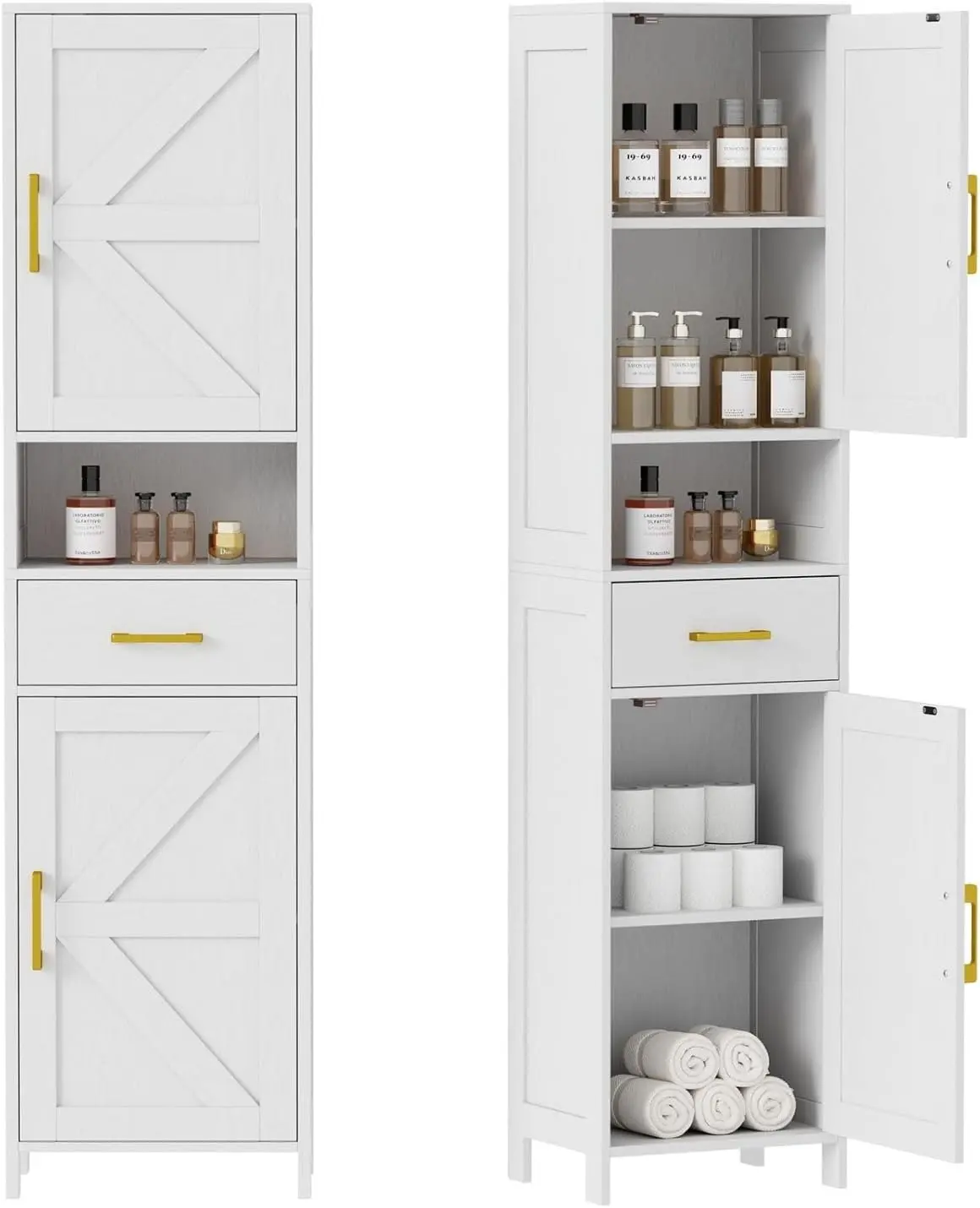 67" Tall Narrow Bathroom Storage Cabinet with 2 Barn Doors & Drawer Adjustable Shelves Anti-Tipping Waterproof Floor Cabinet for Bathroom Living Room Entryway
